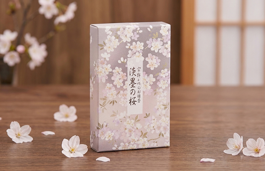 宇野千代のお線香「淡墨の桜」パッケージ